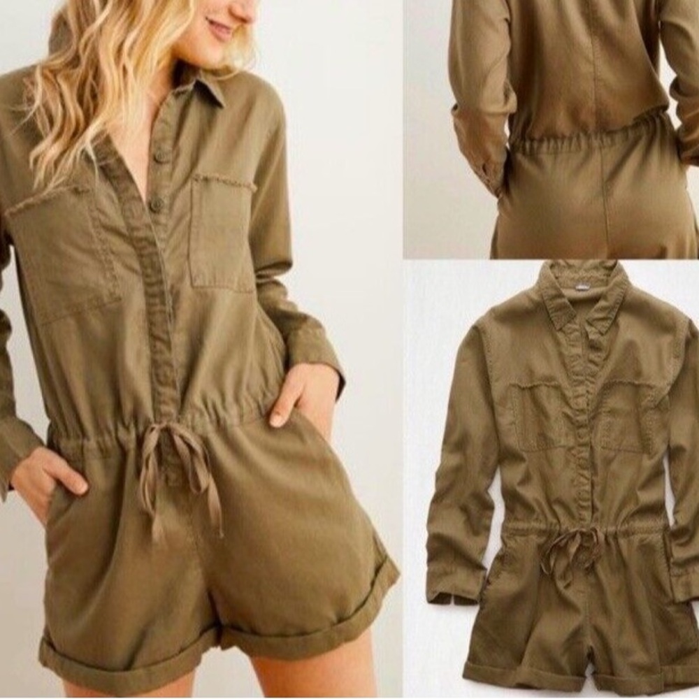 NEW Aerie Olive Green Drawstring Waist Long Sleeve Romper XS